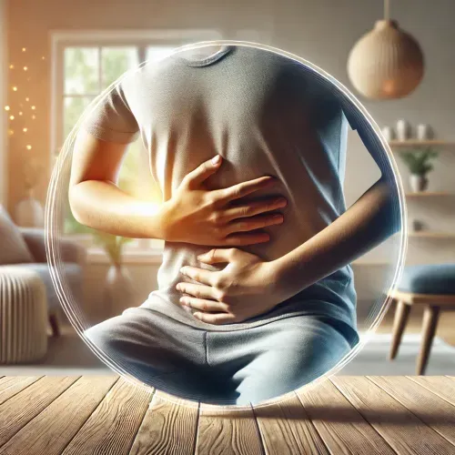 A person in a grey t-shirt holds their stomach with both hands, a bright glow emanating from the area, indicating abdominal pain or discomfort. They are enclosed in a glowing circular outline.