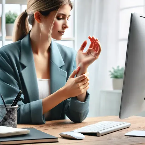 A woman in a light blue blazer holding her wrist at a wooden desk with a computer, keyboard, mouse, and office supplies.