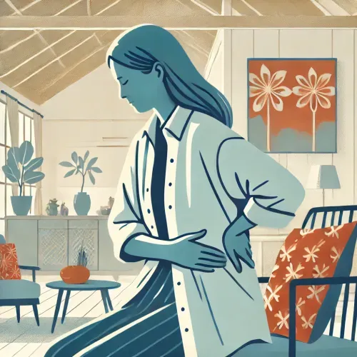 An illustration of a woman in a living room, holding her lower back and abdomen, appearing to be in pain.