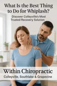 A woman with a pained expression receives a neck adjustment from a male chiropractor. Text overlays advertise chiropractic services for whiplash.