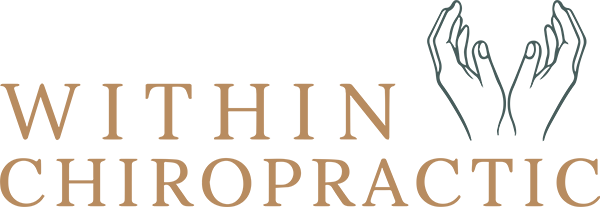 Logo for WITHIN CHIROPRACTIC, featuring the company name in brown serif font and a dark teal line art illustration of two cupped hands.