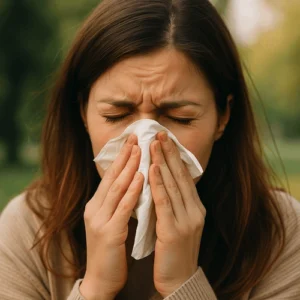 A woman with closed eyes and a furrowed brow blows her nose into a white tissue, holding it with both hands.