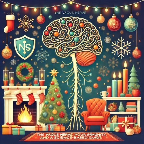 Illustration of the vagus nerve system intertwined with Christmas decorations, including a brain, ornaments, a fireplace, a Christmas tree, and text about immunity.