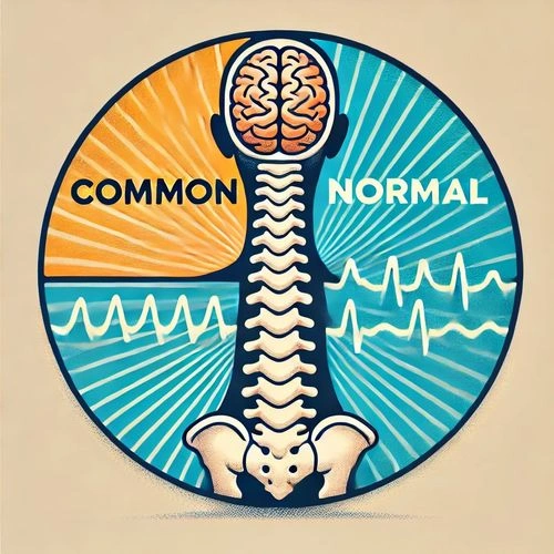 Illustration of a human brain, spine, and pelvis divided into two halves. The left half is labeled 'COMMON' with a wavy pattern, and the right half is labeled 'NORMAL' with a more erratic wave pattern.
