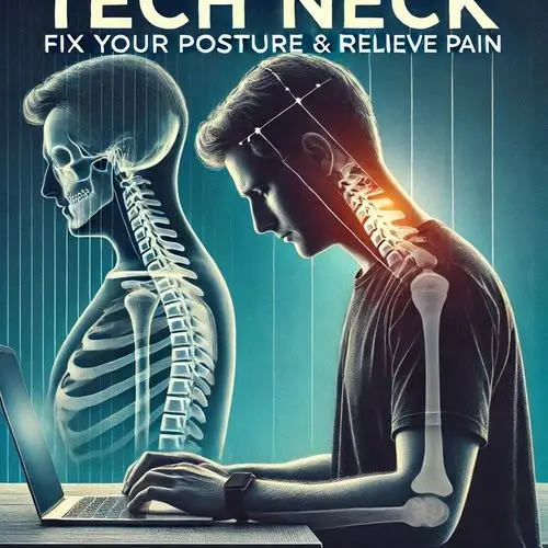 Illustration of a person with 'tech neck,' hunched over a laptop with a skeletal overlay showing spinal misalignment and pain in the neck and shoulders. Text reads 'TECH NECK: FIX YOUR POSTURE & RELIEVE PAIN'.