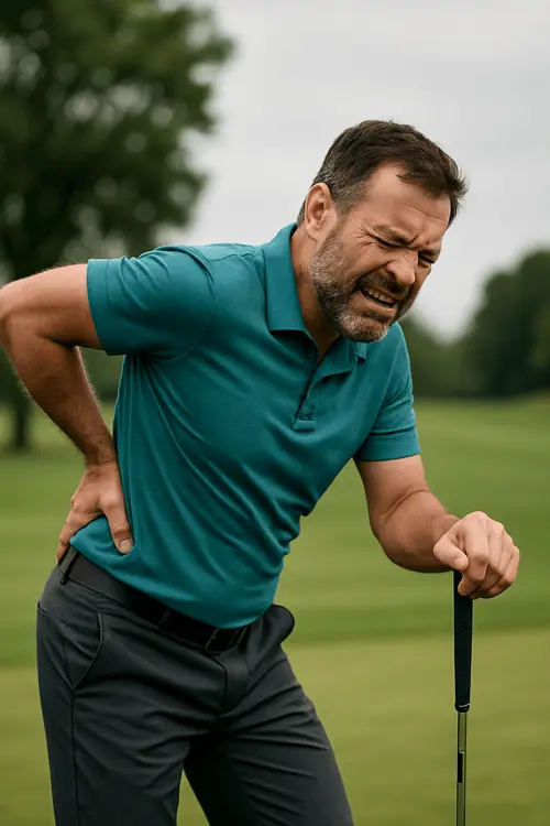 A man on a golf course clutching his lower back in pain, holding a golf club.